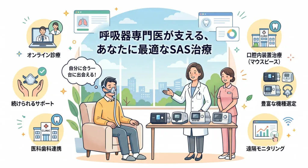CPAP治療「ただ装置を使うだけ」の治療は、もう終わりにしませんか？ 呼吸器専門医が支える、一生モノの「質の高い睡眠」を。