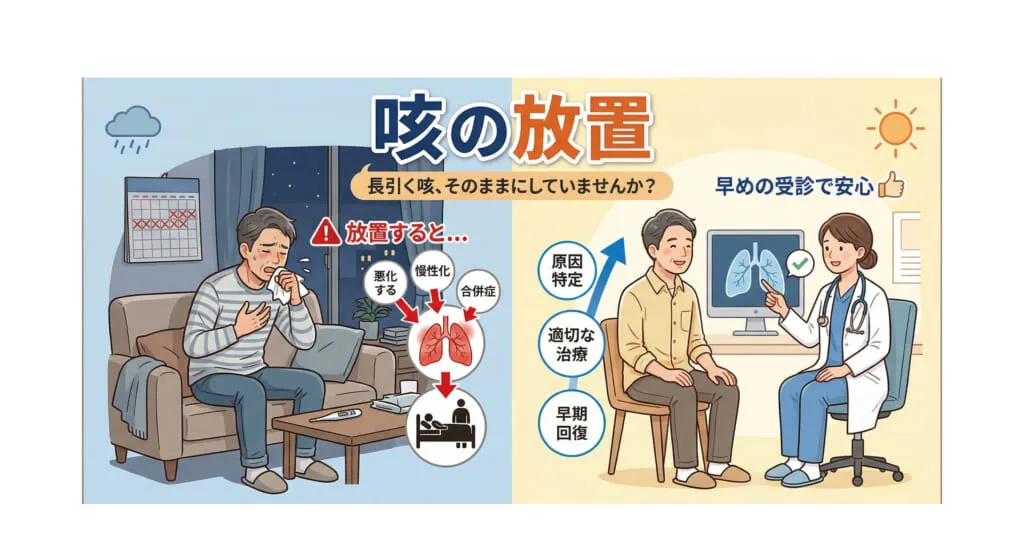 咳を放置した際のリスクと、クリニック受診による早期回復を比較した解説イラスト