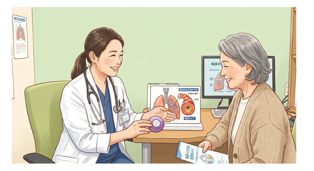 医師が吸入器をもって治療についての説明を患者さんにしている